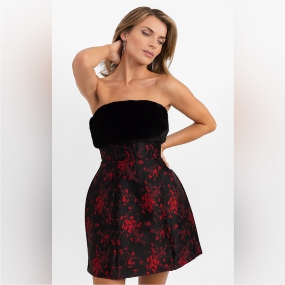 NWT. ASOS LUXE Corseted Caged Mini Dress Faux Fur Bust In Red Black Jacquard. - Picture 1 of 10